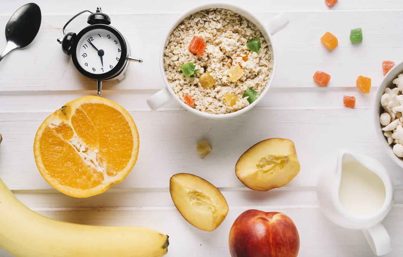 Photo wallpaper orange, food, Breakfast, milk, banana, wood, nectarine, candied