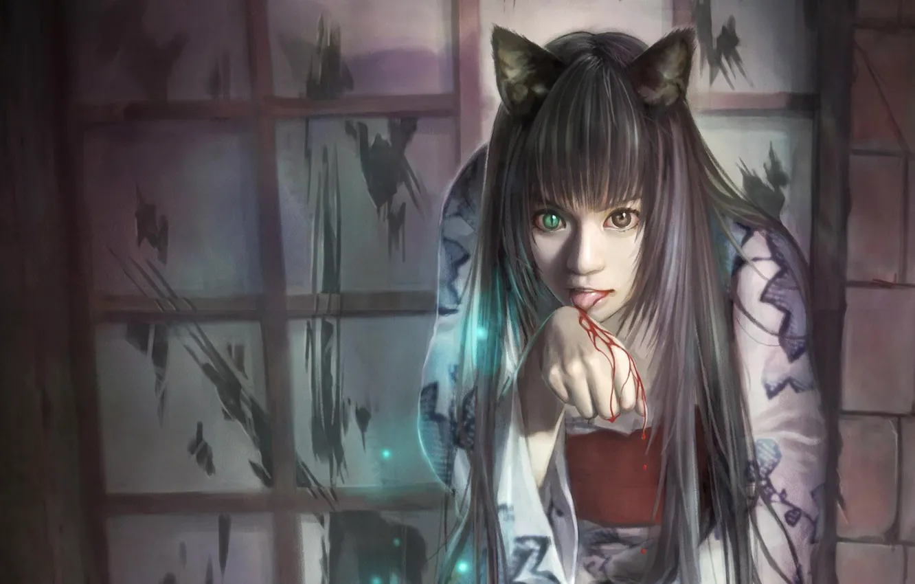 Photo wallpaper look, girl, blood, art, ears, neko, I-Chen Lin