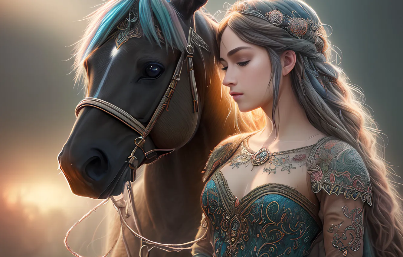 Photo wallpaper girl, horse, horse, AI art, neural network