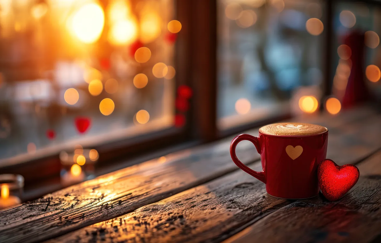 Photo wallpaper love, holiday, heart, coffee, mug, hearts, cappuccino, Valentine's day