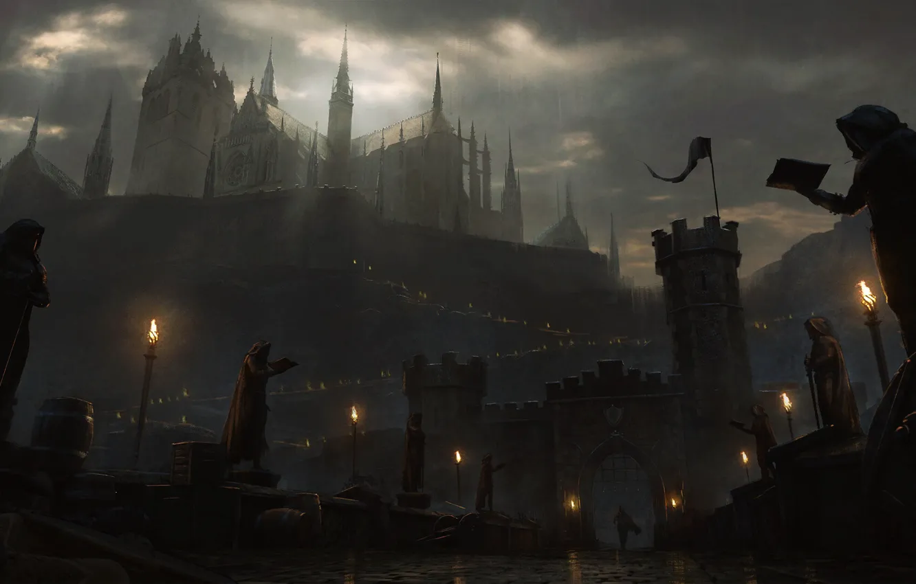 Photo wallpaper clouds, castle, fiction, gate, statue, fantasy, clouds, castle