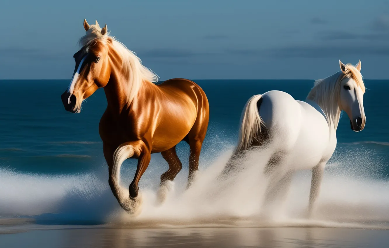 Photo wallpaper sea, water, horse, horse, art, running, two