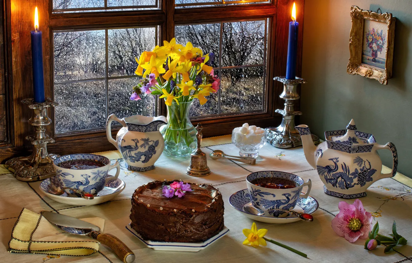 Photo wallpaper flowers, table, tea, picture, candles, kettle, window, the tea party