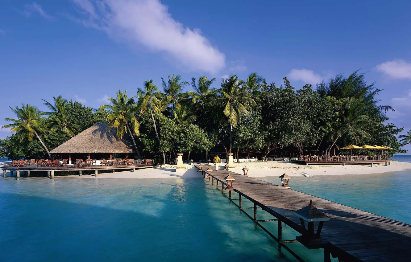 Photo wallpaper palm trees, the ocean, island, pier, The Maldives, resort
