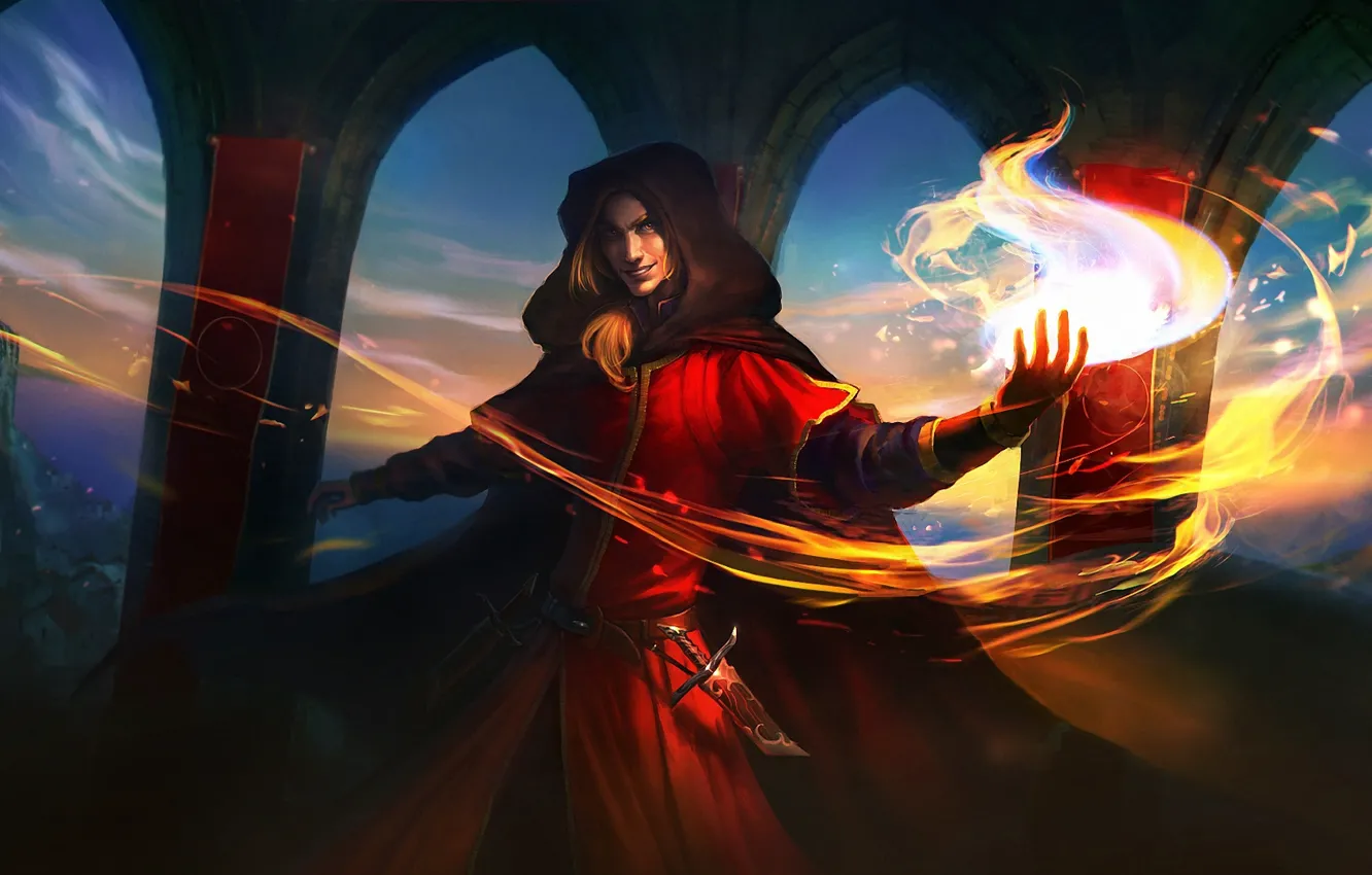 Photo wallpaper lights, castle, magic, hood, arch, MAG, dagger, guy