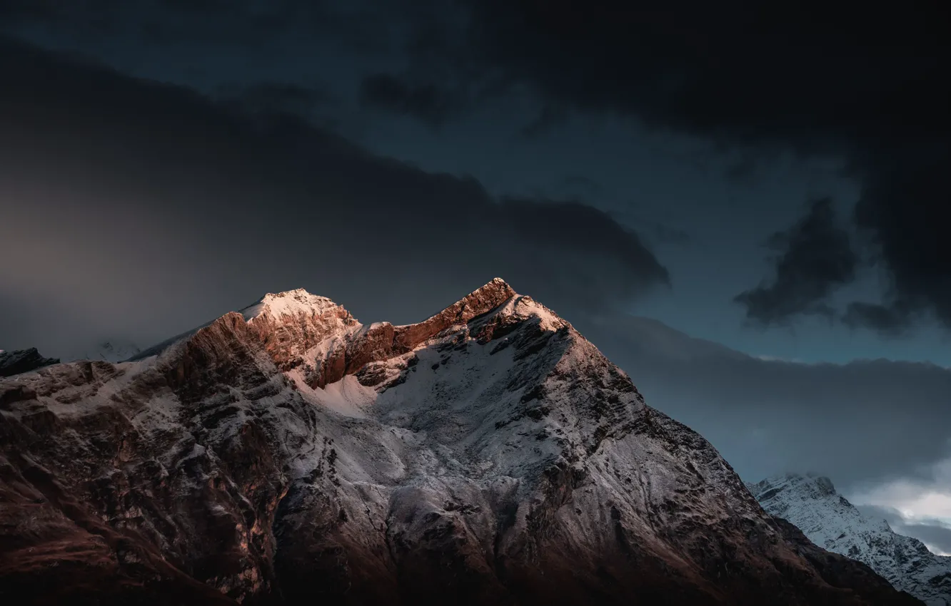 Photo wallpaper tops, light, mountains, snow, mountain, sunset, Shining peak, the sky