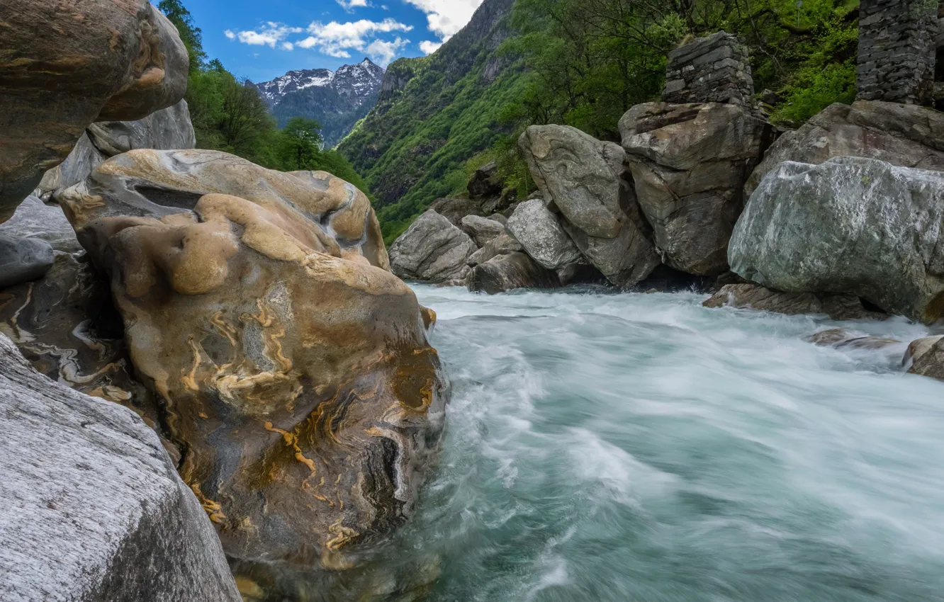 Photo wallpaper mountains, river, stones, stream, Switzerland
