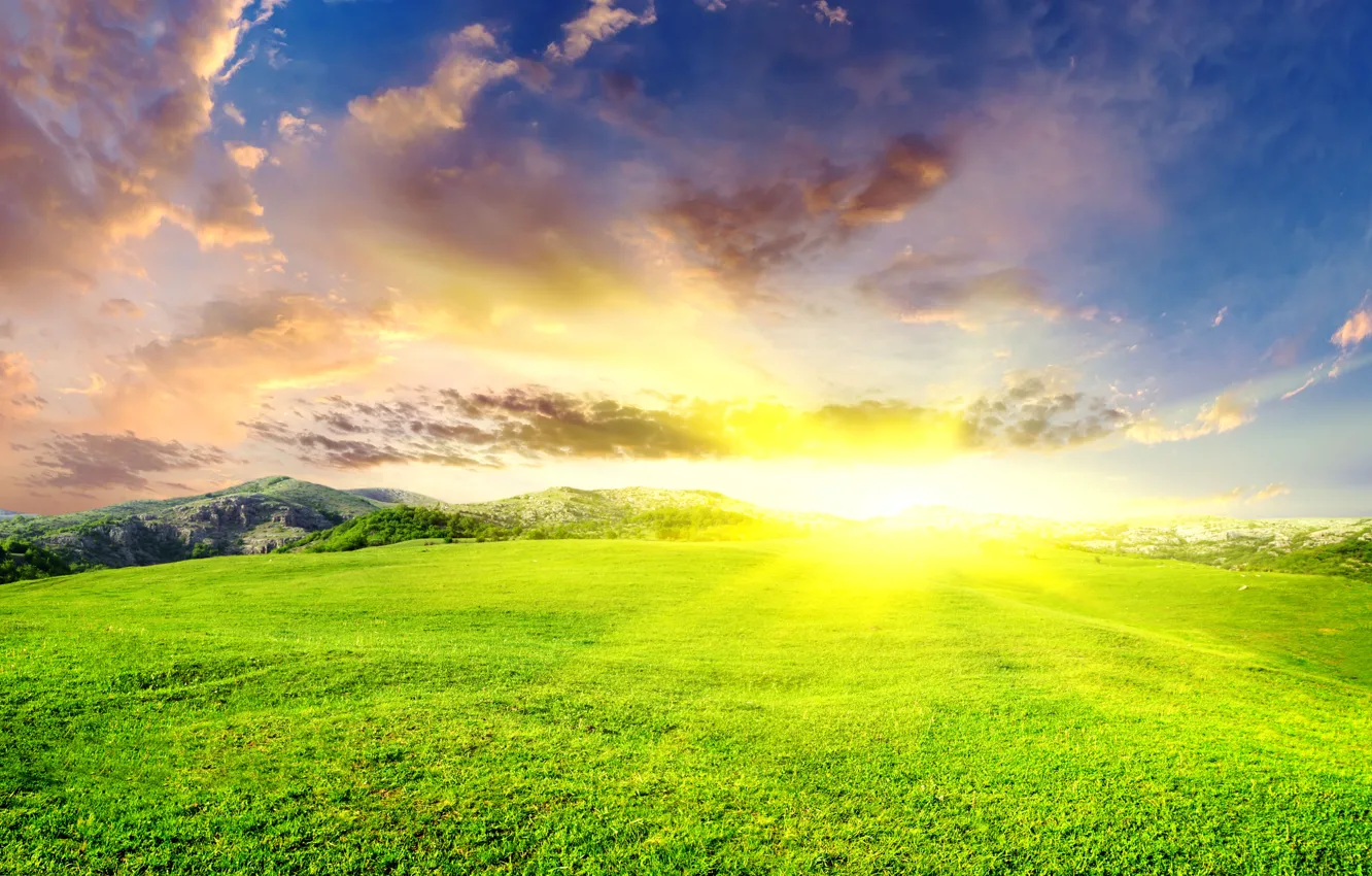 Photo wallpaper summer, the sky, the sun, clouds, landscape, mountains, glade, landscape