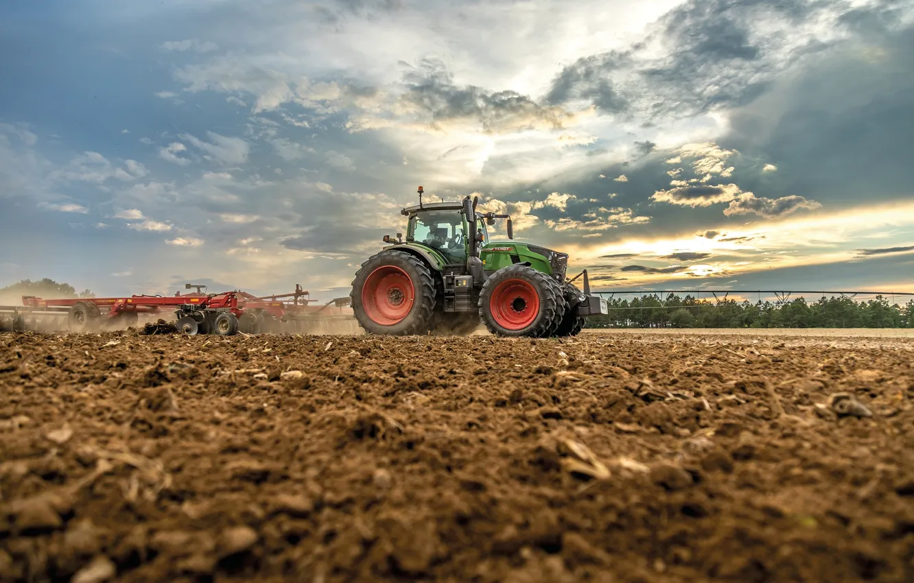 Photo wallpaper field, tractor, plow, plowing