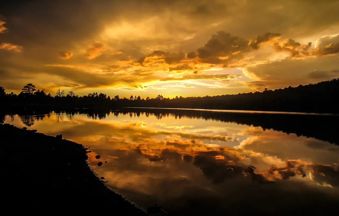 Photo wallpaper landscape, sunset, lake, reflection