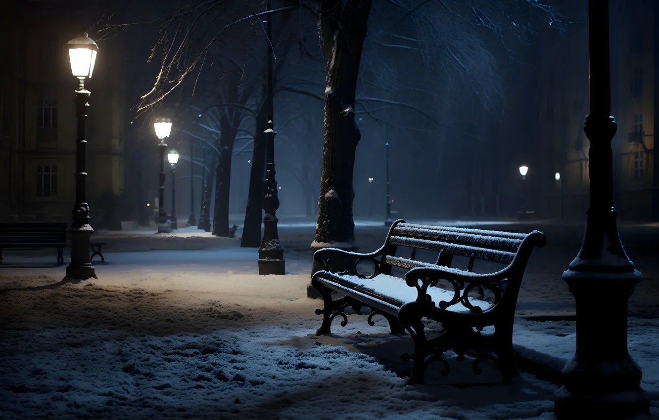 Photo wallpaper winter, snow, trees, bench, night, lights, Park, street