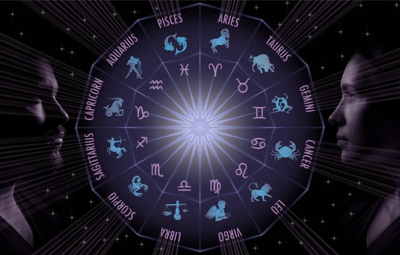 Photo wallpaper the dark background, woman, symbol, male, the signs of the zodiac, astrology, zodiac circle