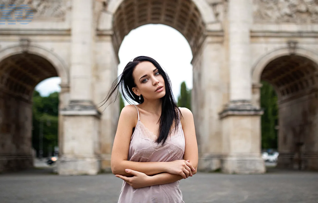 Photo wallpaper look, pose, background, model, portrait, makeup, brunette, hairstyle