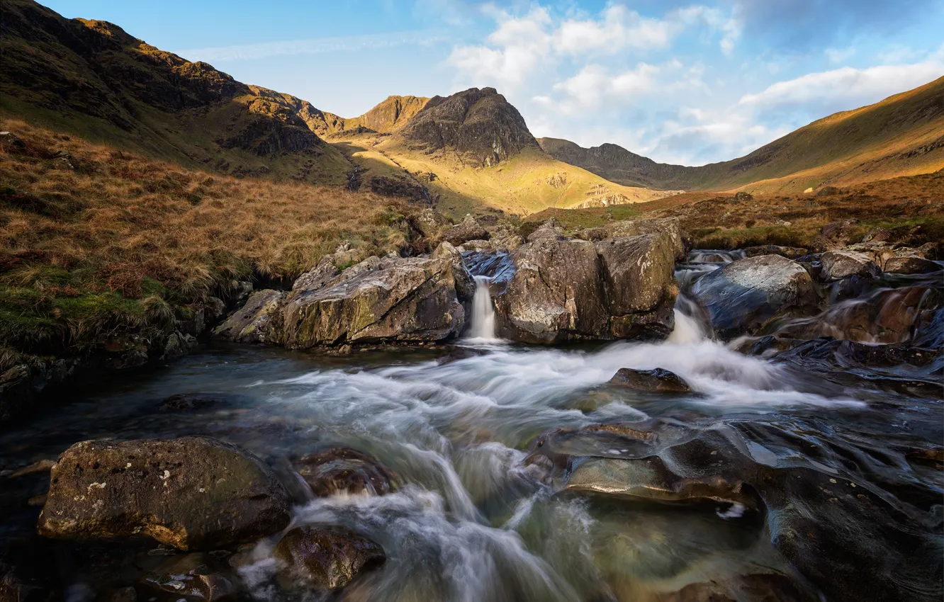 Photo wallpaper mountains, stream, stones, England, valley, Cumbria