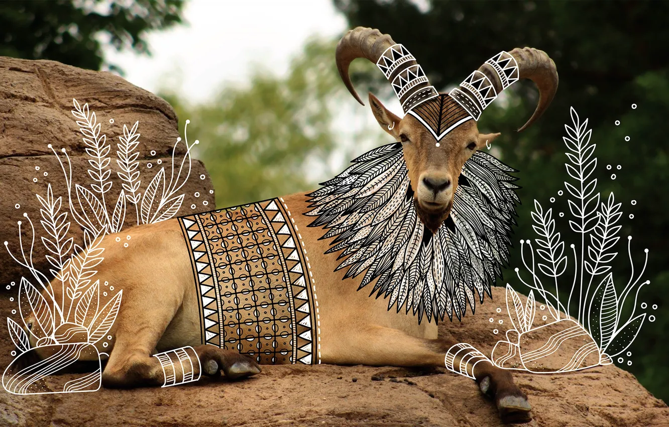 Photo wallpaper look, trees, stones, goat, ANIMAL DOODLES