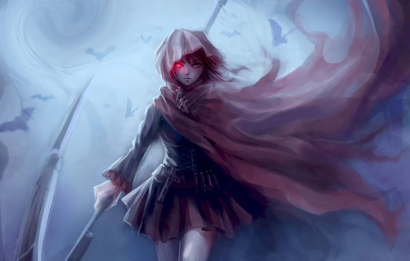 Photo wallpaper girl, weapons, anime, art, hood, braid, bats, cloak