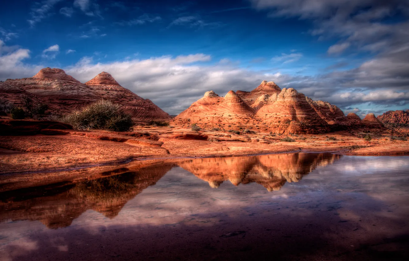 Photo wallpaper the sky, nature, lake, reflection, rocks, hills, pattern