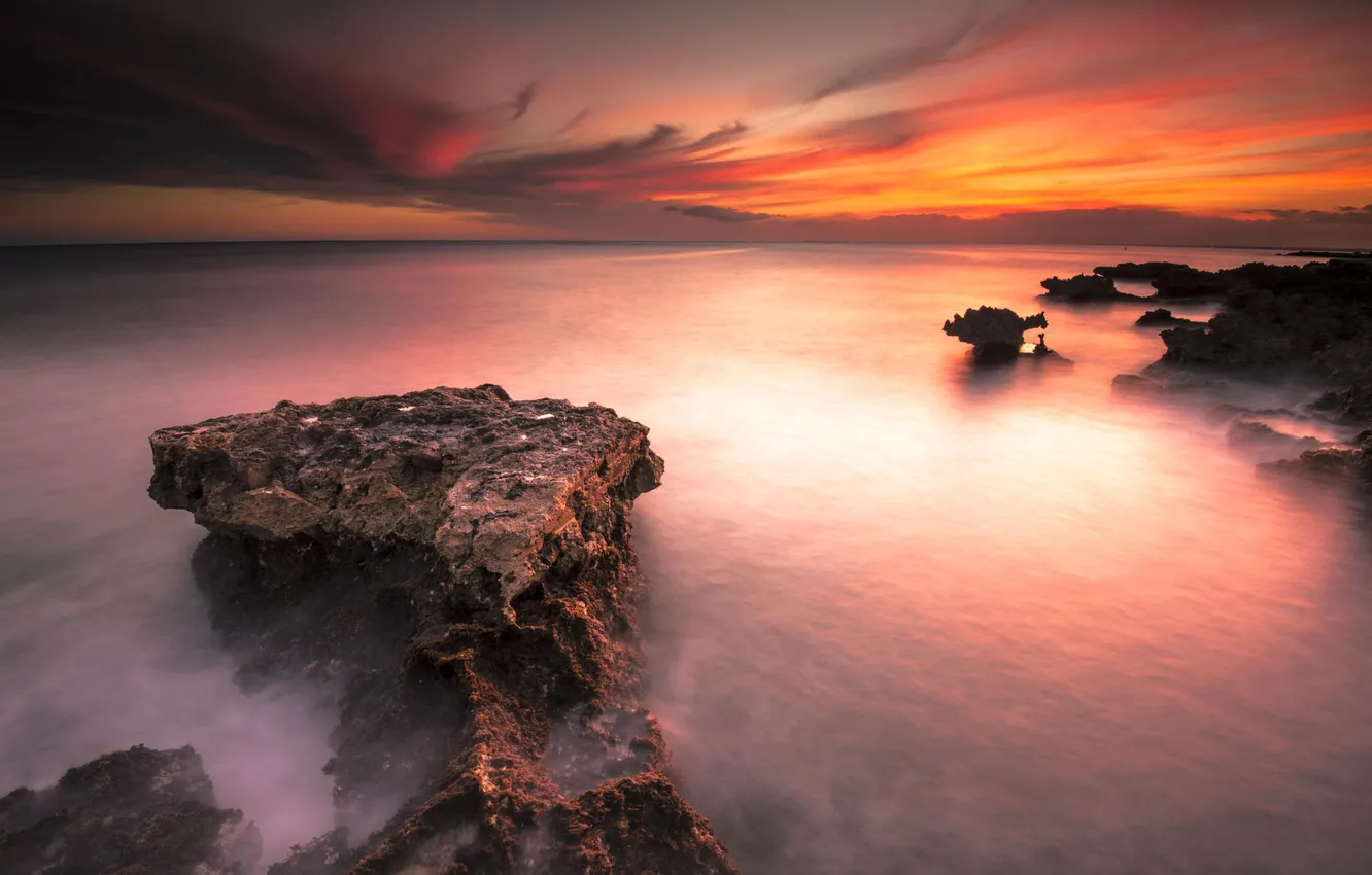 Photo wallpaper landscape, sunset, the ocean, rocks, shore