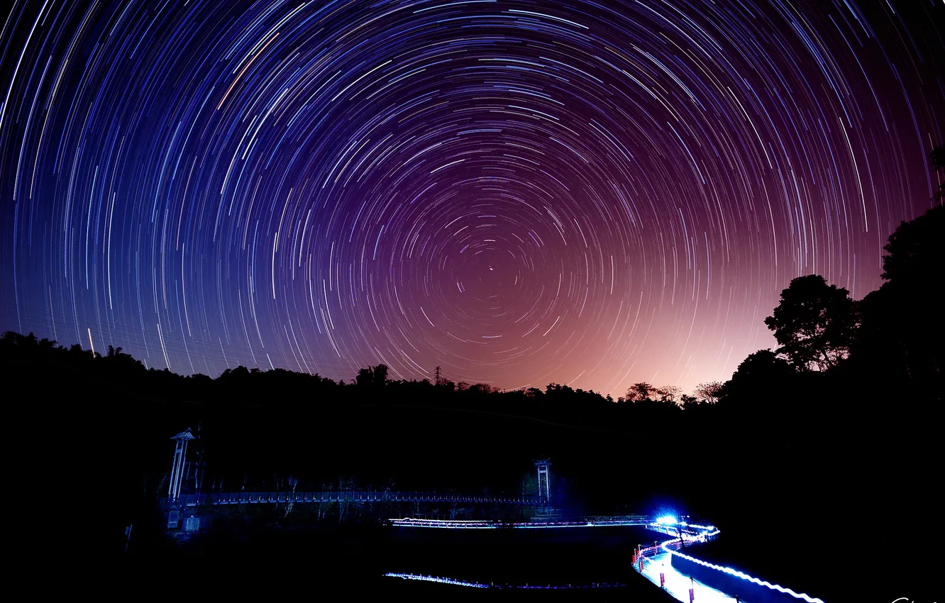 Photo wallpaper road, trees, circles, night, lights, shooting, starry sky