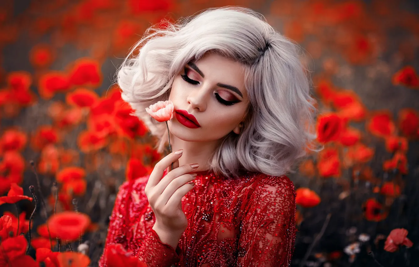 Photo wallpaper summer, girl, flowers, red, nature, face, pose, eyelashes