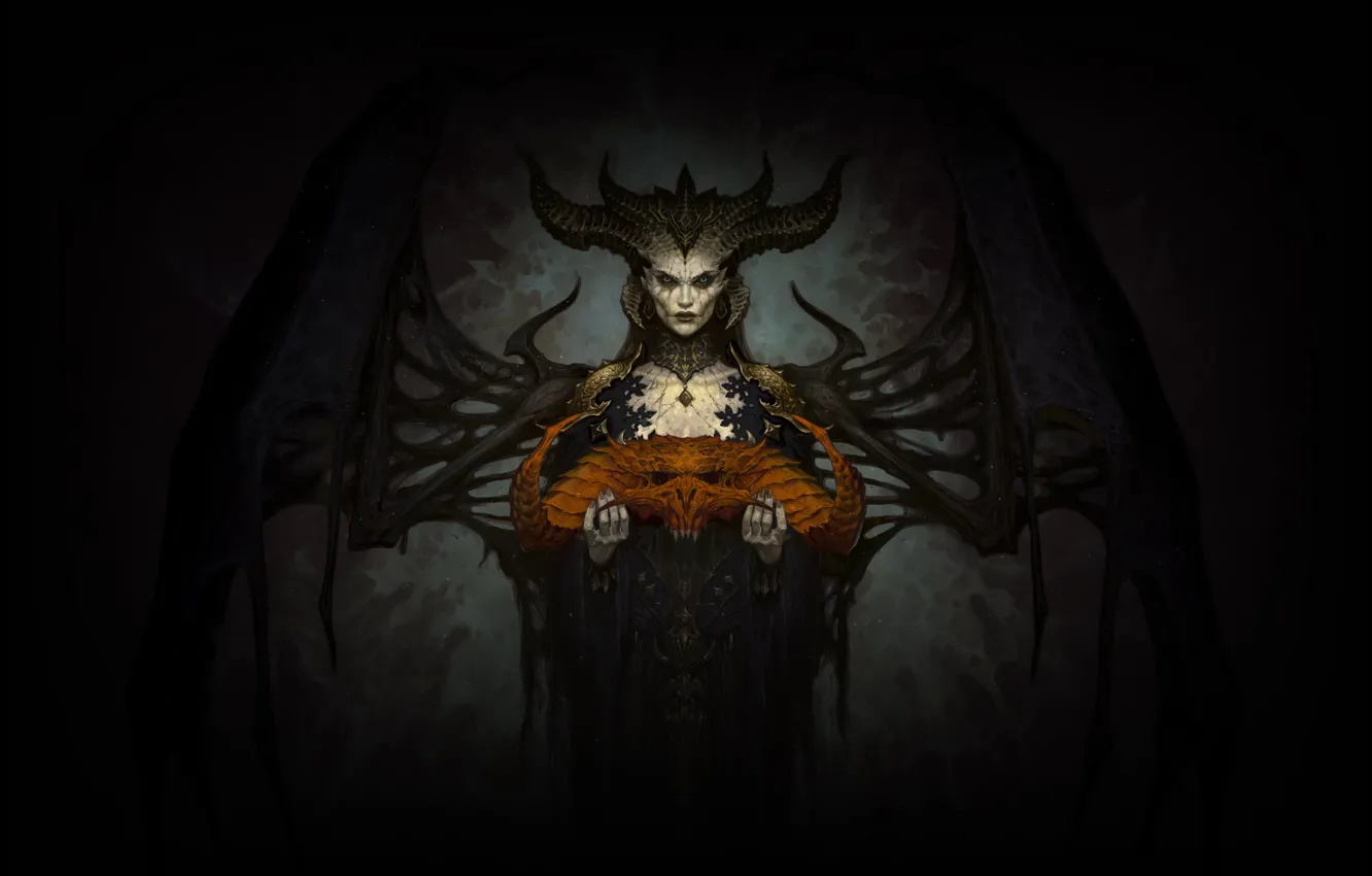 Photo wallpaper fiction, woman, the game, skull, horns, fantasy, game, Blizzard