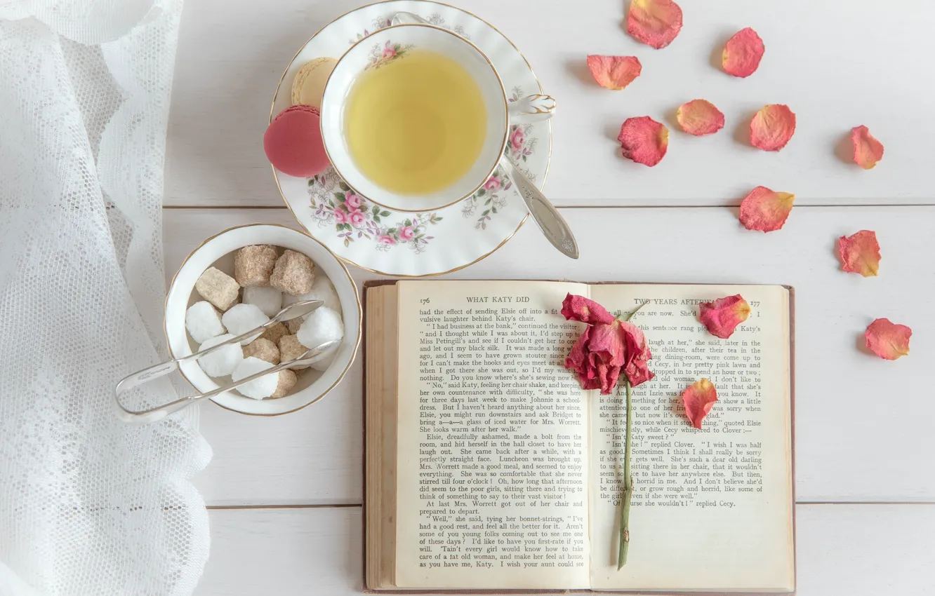 Photo wallpaper tea, rose, petals, sugar, book