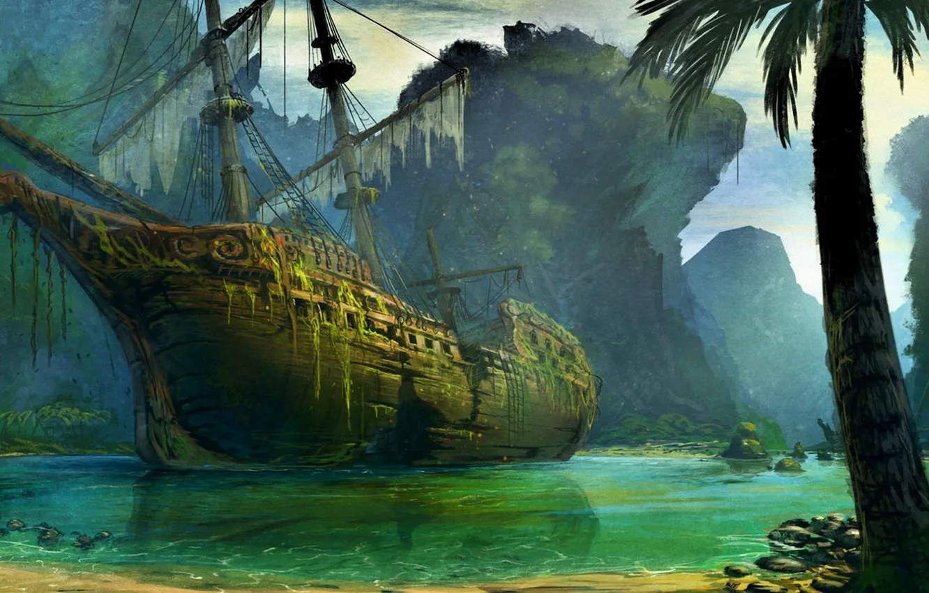 Photo wallpaper algae, Palma, ship, Bay, abandoned, shipwreck, mysterious, mast