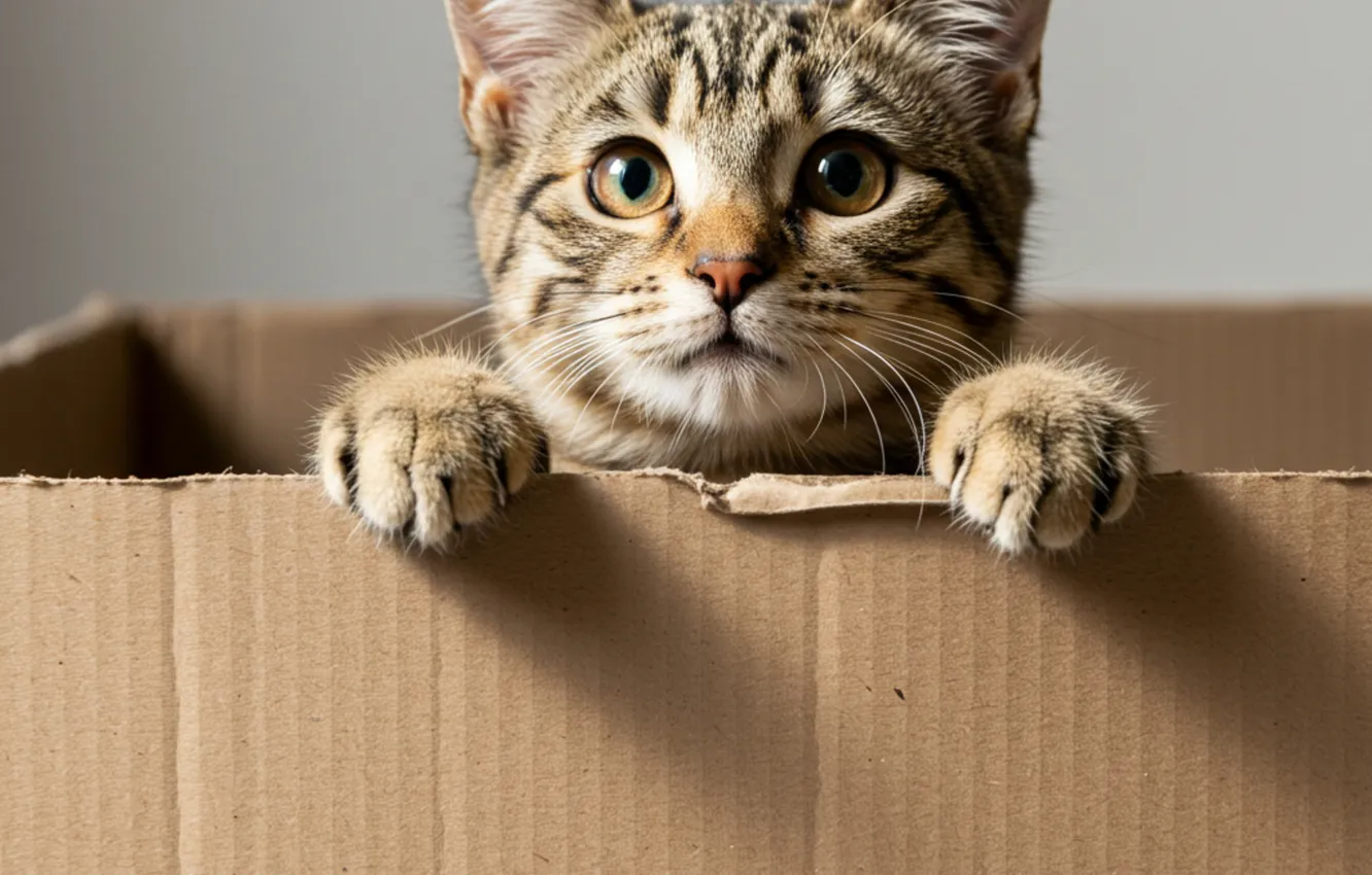 Photo wallpaper cat, cat, look, pose, grey, wall, box, legs