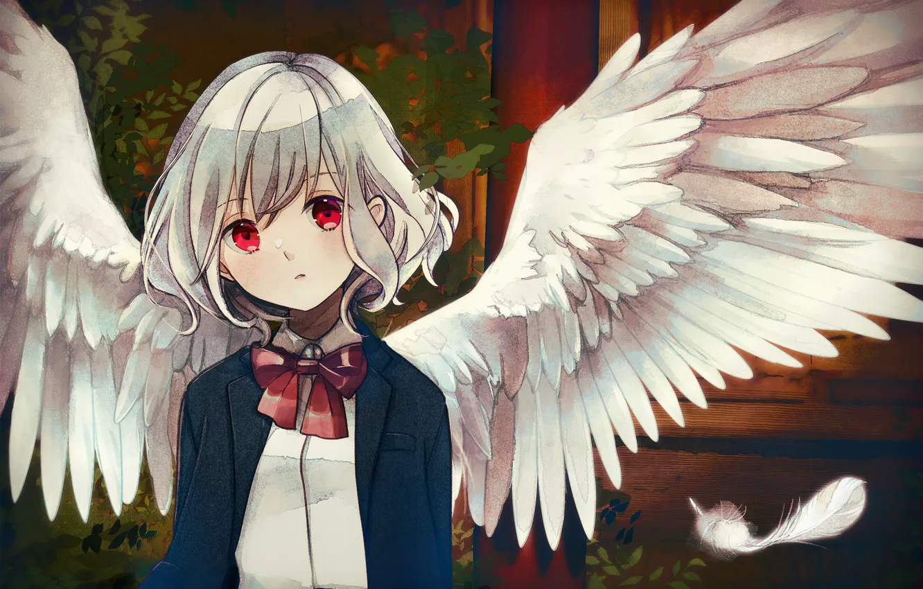 Photo wallpaper girl, wings, angel, red eyes