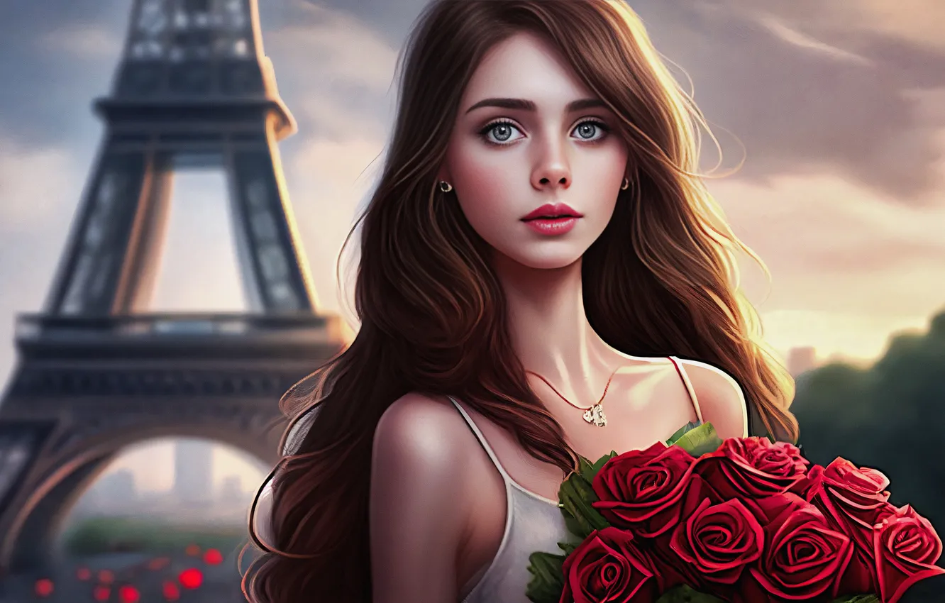 Photo wallpaper summer, look, girl, clouds, flowers, red, face, rendering
