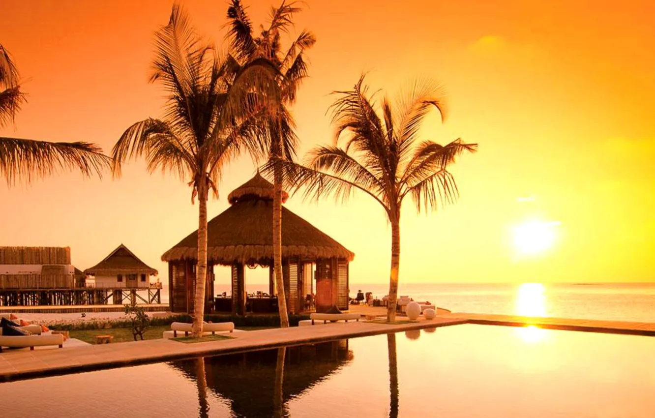 Photo wallpaper beach, trees, sunset, water, island, Maldives