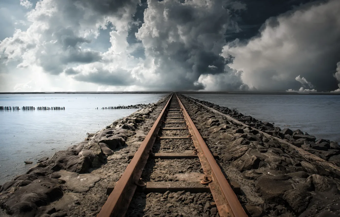 Photo wallpaper sea, clouds, railroad