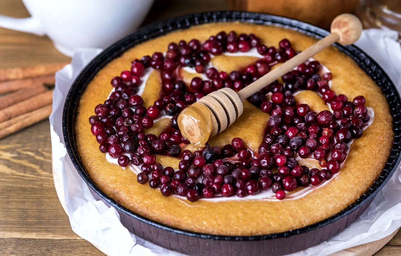Photo wallpaper berries, table, food, pie, honey, cakes, cranberry, cranberry