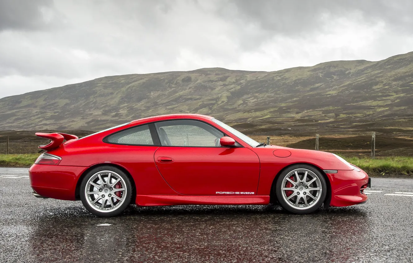 Photo wallpaper Road, Hills, Red, side view, Sportcar, Porsche 996 GT3