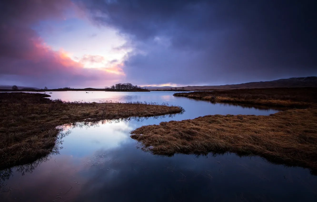 Photo wallpaper lake, sunrise, morning, Scotland, UK, Scotland, Great Britain, Islands