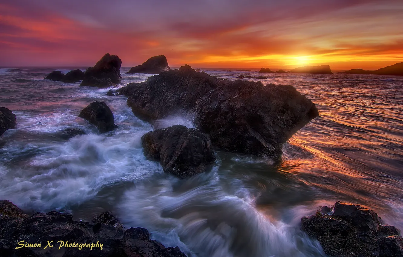 Photo wallpaper sea, wave, sunset, rocks, Oregon, Simon W