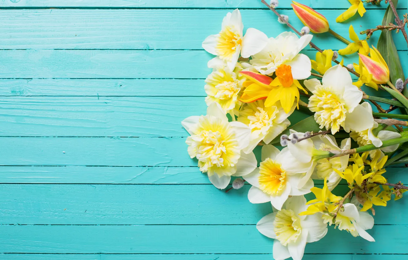 Photo wallpaper flowers, bouquet, tulips, wood, flowers, tulips, daffodils, spring