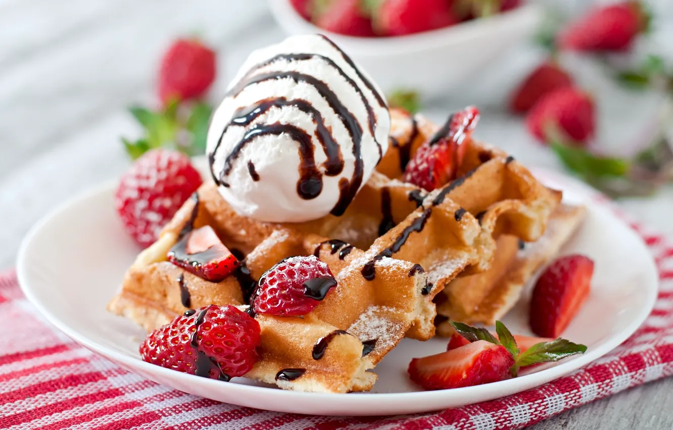 Photo wallpaper berries, chocolate, ice cream, dessert, waffles, glubnik