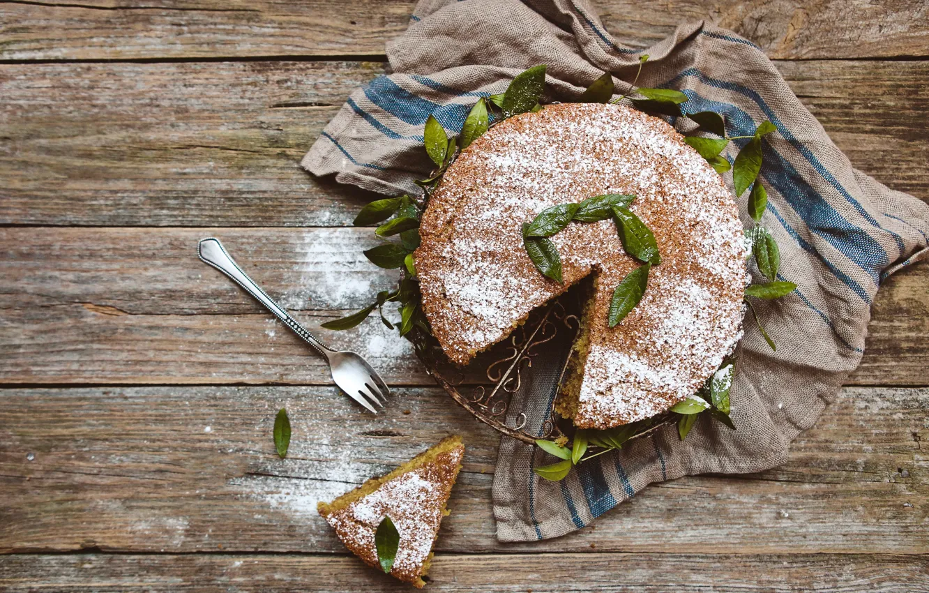 Photo wallpaper pie, wood, cakes, leaves, dessert, powdered sugar, biscuit, decoration