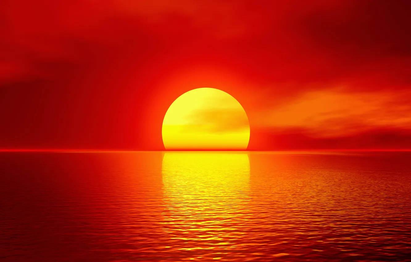 Photo wallpaper sea, the sun, sunset, red, horizon