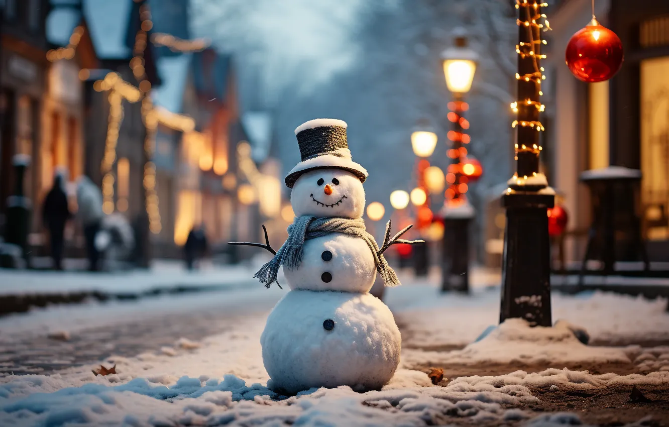 Photo wallpaper winter, snow, street, new year, Christmas, snowman, Christmas, night