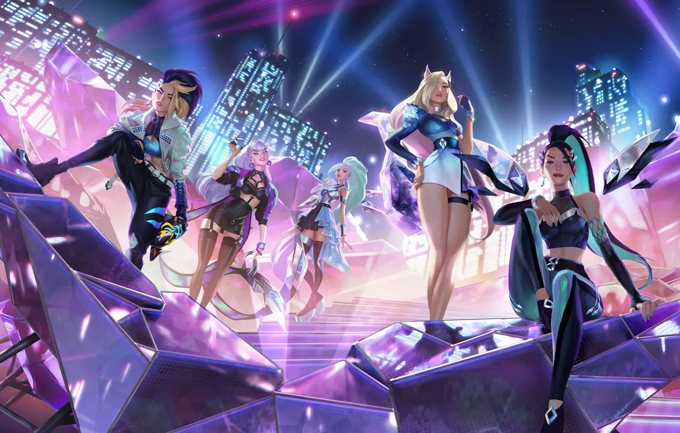 Photo wallpaper the game, skyscrapers, game, night city, League of Legends, LOL, League Of Legends, beautiful girls