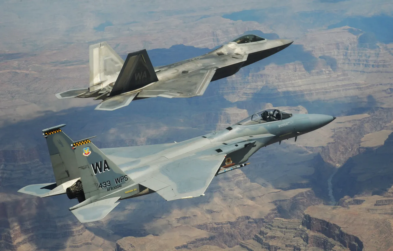 Photo wallpaper flight, fighter, Eagle, F-22, Raptor, F-15
