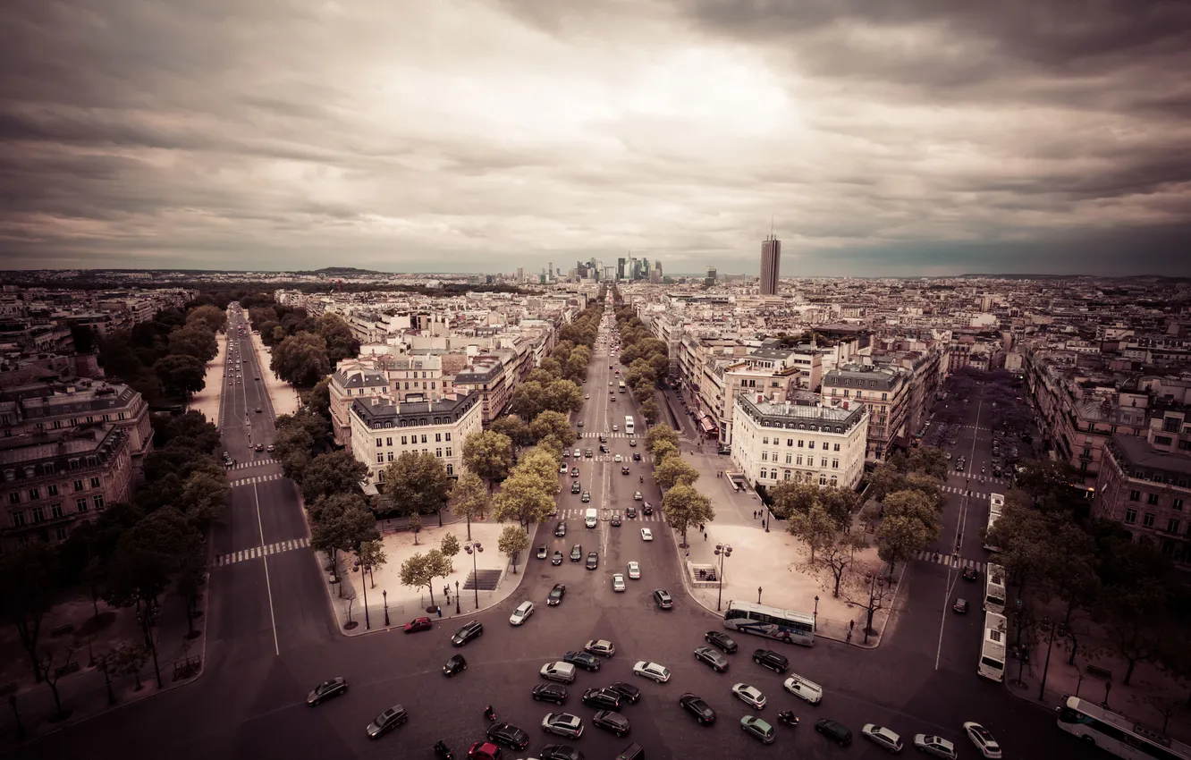 Photo wallpaper the sky, clouds, France, Paris, roof, cars, The Defence, Champs-Élysées