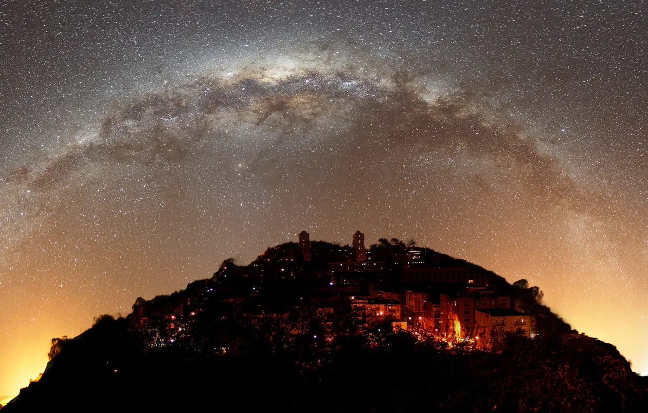 Photo wallpaper the sky, stars, mountains, the city, lights, the milky way