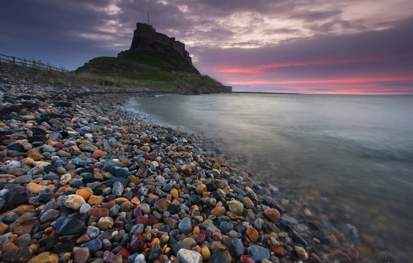 Photo wallpaper sea, sunset, pebbles, surf, fortress