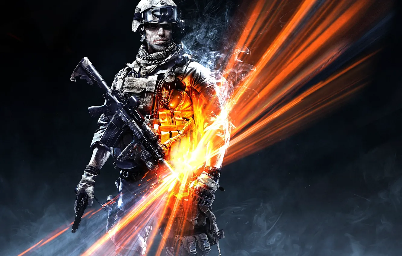 Photo wallpaper light, darkness, soldiers, helmet, Battlefield 3