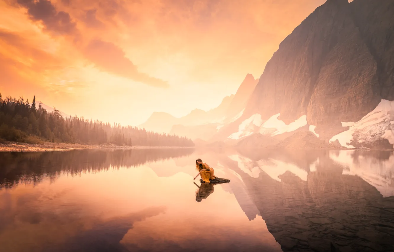 Photo wallpaper forest, girl, clouds, snow, mountains, nature, pose, fog