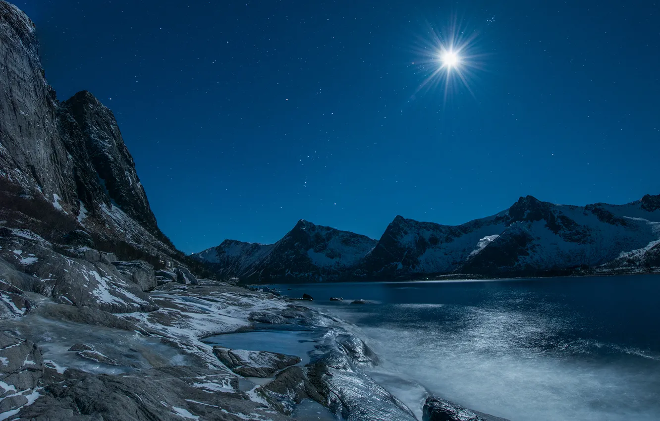 Photo wallpaper winter, mountains, lake, rocks, stars, moonlight, Evening