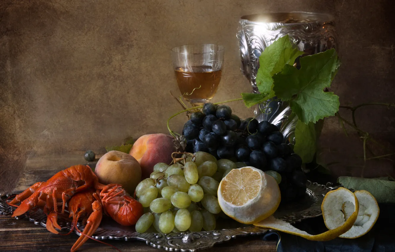 Photo wallpaper lemon, glass, grapes, fruit, still life, peaches, tray, cancers